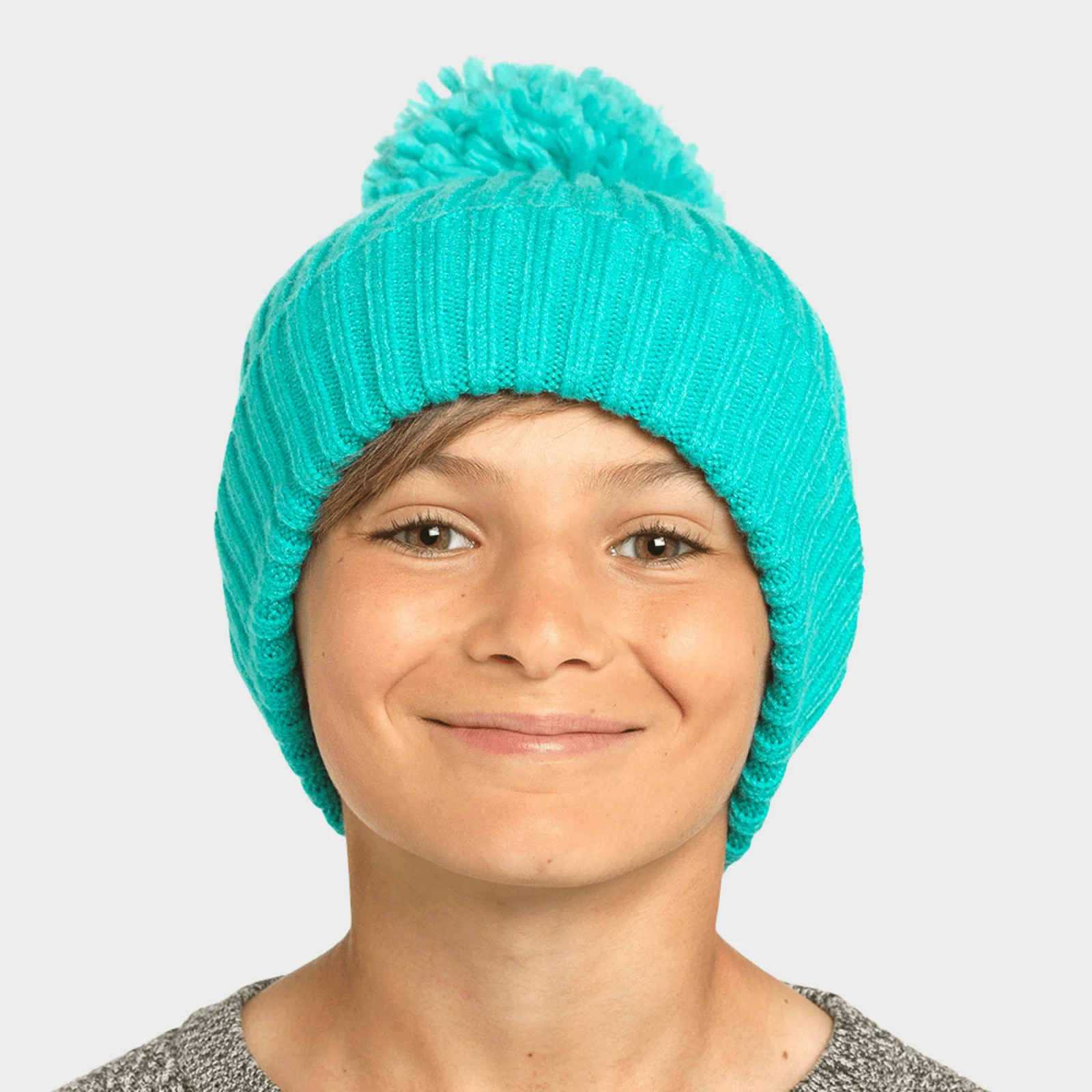 Kids Ribbed Beanie Hat with Bobble in Green - Image 3