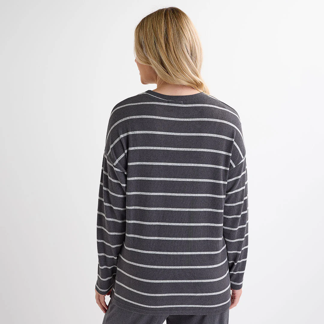 Ladies Dark Grey Crew Neck Stripe Top - Image 3