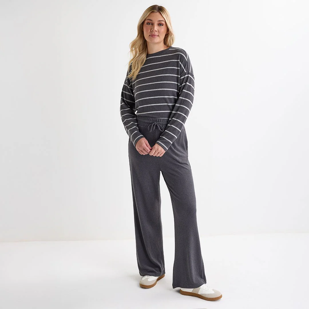 Ladies Dark Grey Crew Neck Stripe Top - Image 4