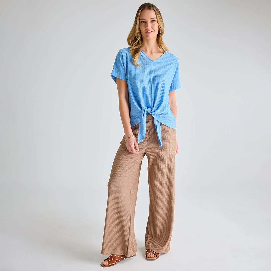 Ladies Denim Plisse Tie Front Top - Image 3