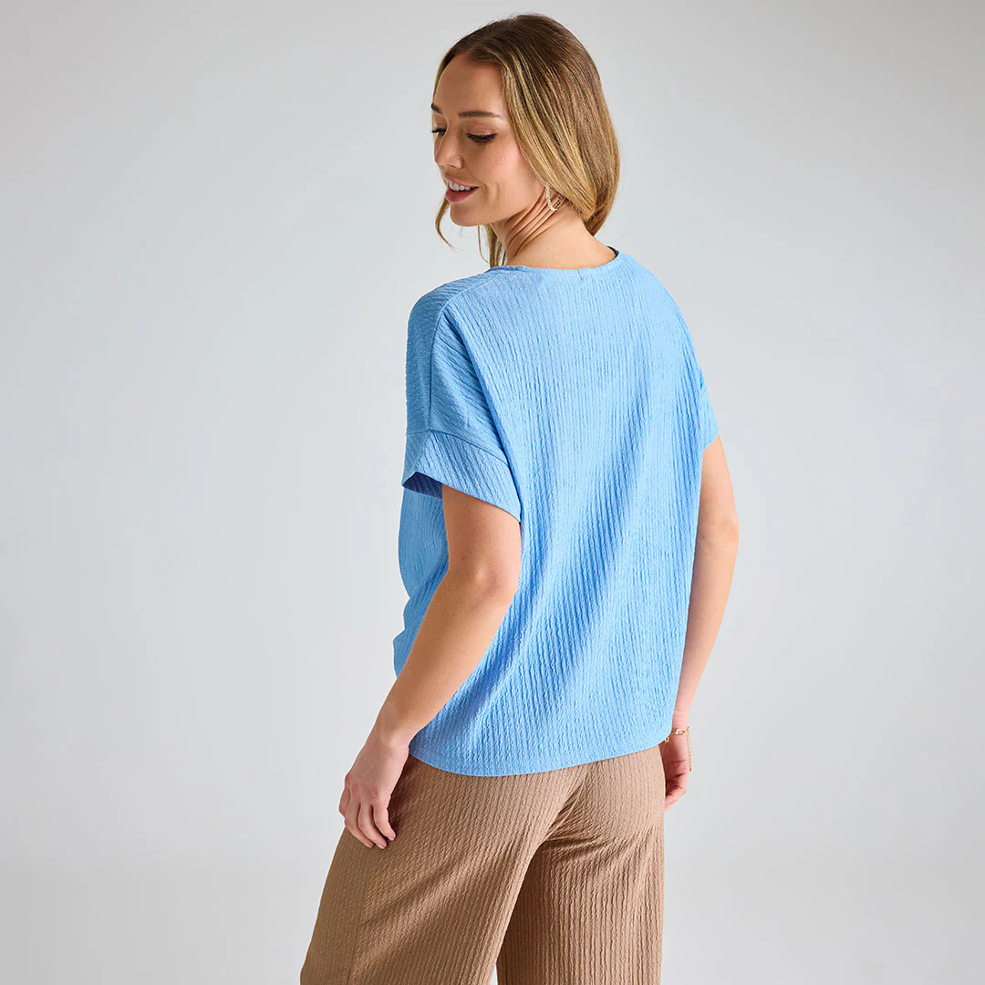 Ladies Denim Plisse Tie Front Top - Image 4