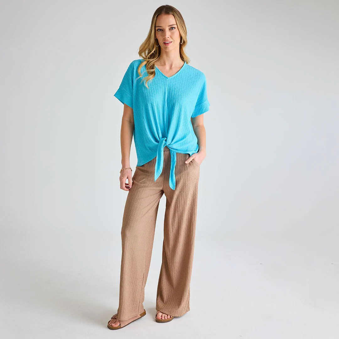Ladies Turquoise Plisse Tie Front Top - Image 3